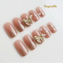 Load image into Gallery viewer, Pink Glitter Gold Ribbon Nails| 24pc Machine-made
