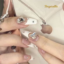 Load image into Gallery viewer, Transparent Heartshaped Rhinestone French Nails| 24pc Machine-made
