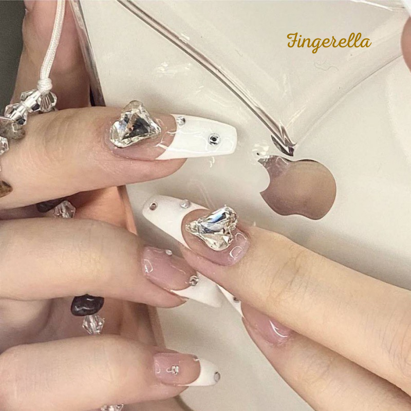 Transparent Heartshaped Rhinestone French Nails| 24pc Machine-made