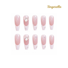 Load image into Gallery viewer, Transparent Heartshaped Rhinestone French Nails| 24pc Machine-made
