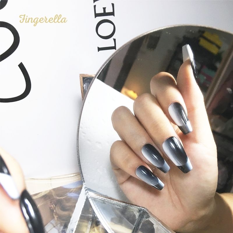 【Final Clearance 80% OFF】Black & White Chic Cat-eye 3D-effect Nails French Tips Long Almond| 10pc Handmade Best Press-on Nails Award-Winning Glue-on Nails