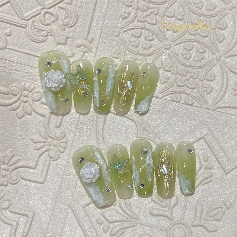 【Final Clearance 80% OFF】Green Tea Garden Cameilla Butterfly Rhinstone Chinese Nails| 10pc Handmade