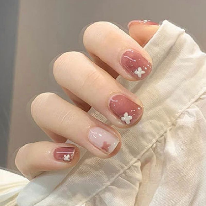 Pink White Cross Ribbon Cute Nails| 24pc Machine-made