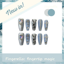 Load image into Gallery viewer, Go down the rabit hole Blue Gothic Silver Shinny Punk Nails| 10pc Handmade
